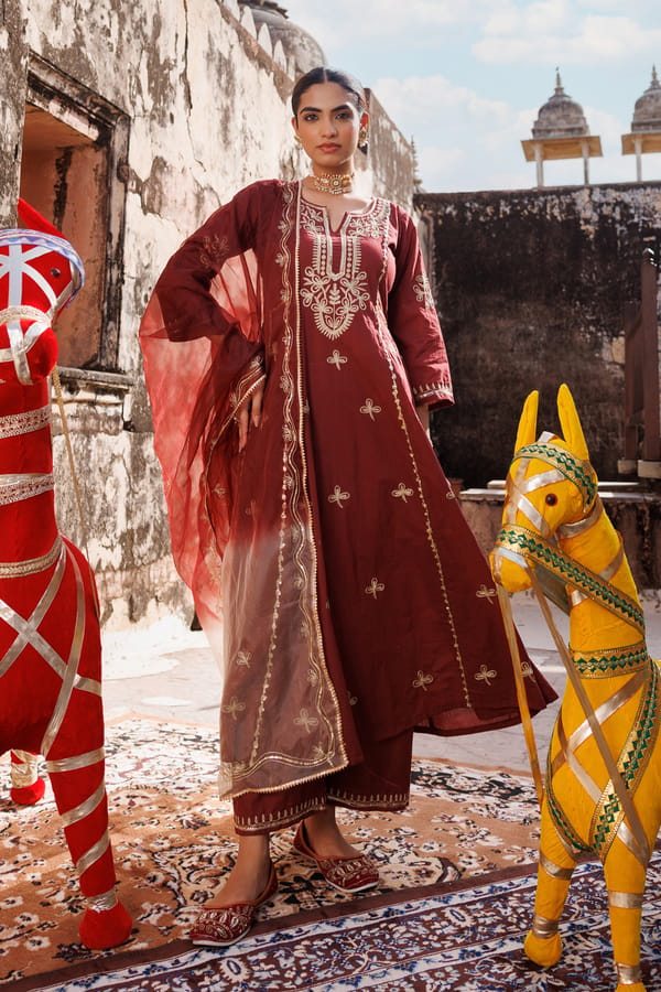 Maroon Cotton Anarkali Set With Dual-Shaded Dupatta — Bannhi by Priyanka Rathore