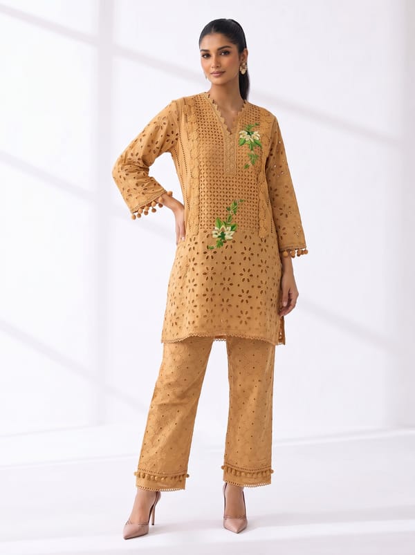 Orange Cotton Cutwork Kurta Set with Floral Embroidery — BUMBLEBEE