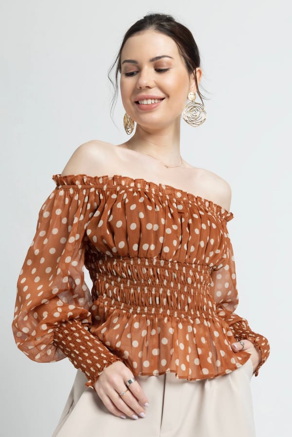 Brown Polka Off-Shoulder Top — Julo