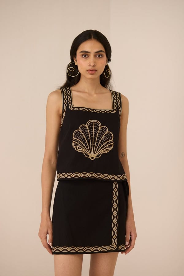 Black Cotton Linen Mini Wrap Skirt with Embroidered Border — Calling June