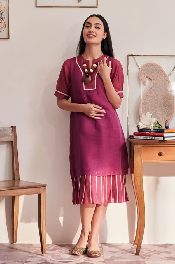 Falsa Wine Straight Gauze Linen Knee-Length Dress — YELL