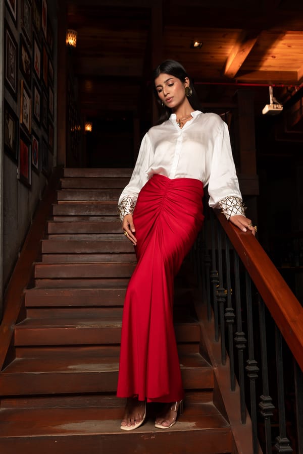 White Shirt and Red Midi Skirt Co-ord Set — Isha Sawhney