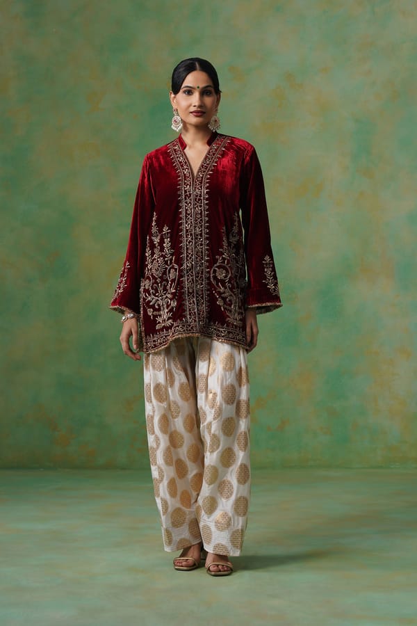 Cherry Red Velvet Embroidered Kurta and Salwar Co-ord Set — NEETIKA CHOPRA