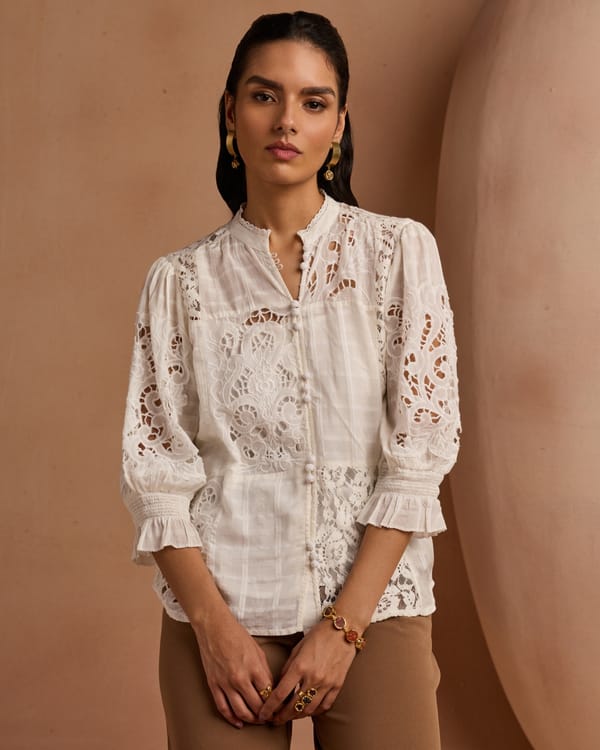 White Cotton Lace Insert Mandarin Collar Top — Style Island