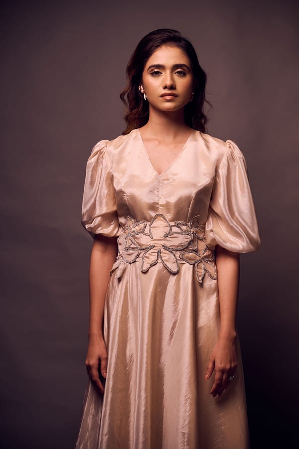 Weaving Cult Rose Gold Tissue Dress With Embellished Belt — Weaving Cult