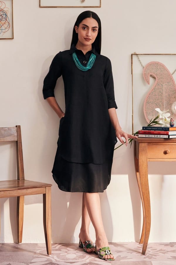 Black Linen Midi Shirt Dress with Double-Layer Hem — YELL