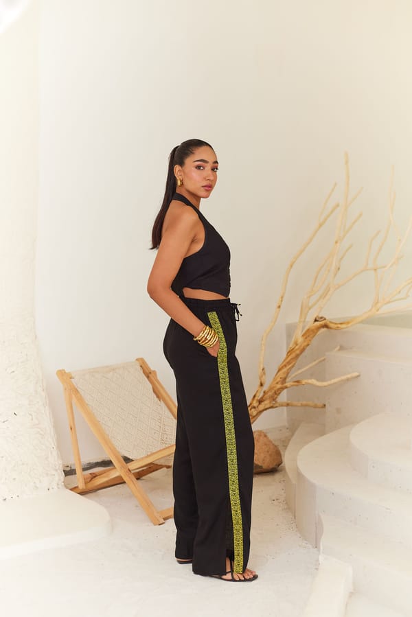Black Rayon Linen Wide-Leg Pants with Contrast Tape Detail — Urban Suburban