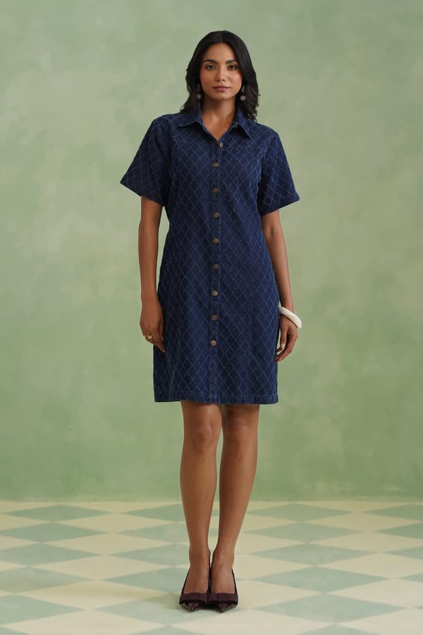 Textured Indigo Denim Mini Shirt Dress — KORAH STITCH