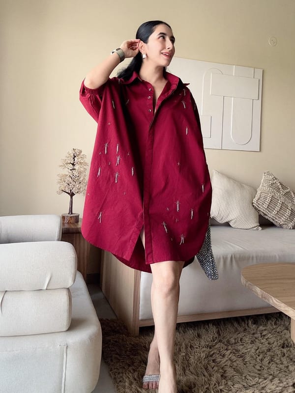 Maroon Embellished Free Size Shirt Dress — HOUSE OF FETT