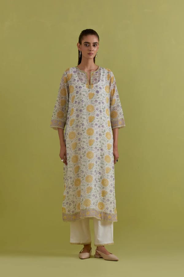 Off White Block Printed Straight Kurta Pant — Upavita