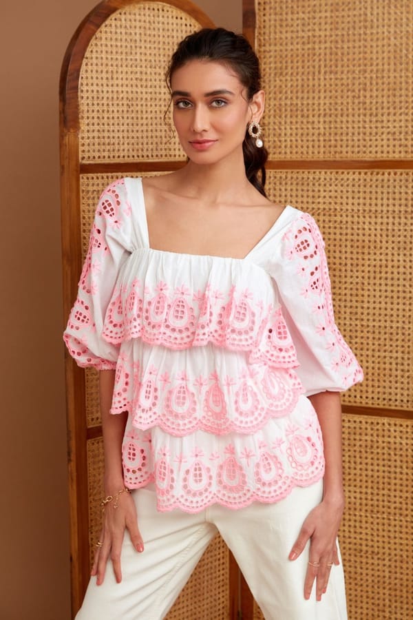 White and Pink Eyelet Tiered Square-Neck Blouse — BOHO-CHIC