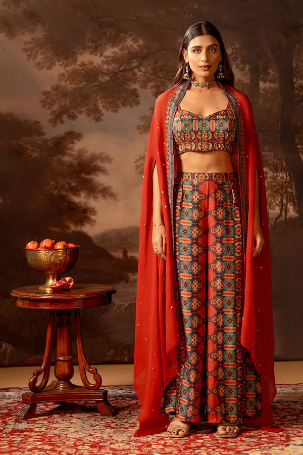 Red Printed Bustier and Wide-Leg Pants Co-ord Set with Cape — SOUP by Sougat Paul