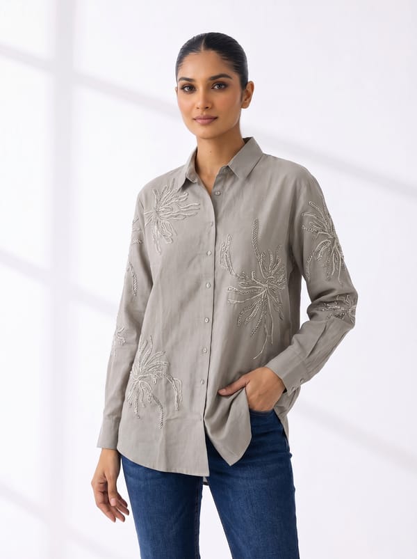Grey Cotton Embroidered Button-Down Shirt — THE LUXURY DRESSING