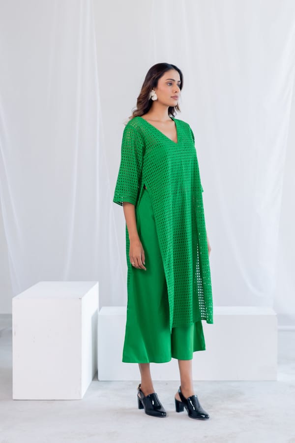 Emerald Green Schiffli Cutwork Kurta Set with Pants — Silai studio