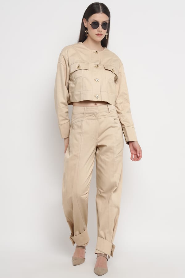 Beige Sand Cropped Button-Front Jacket — SILVIAN HEACH