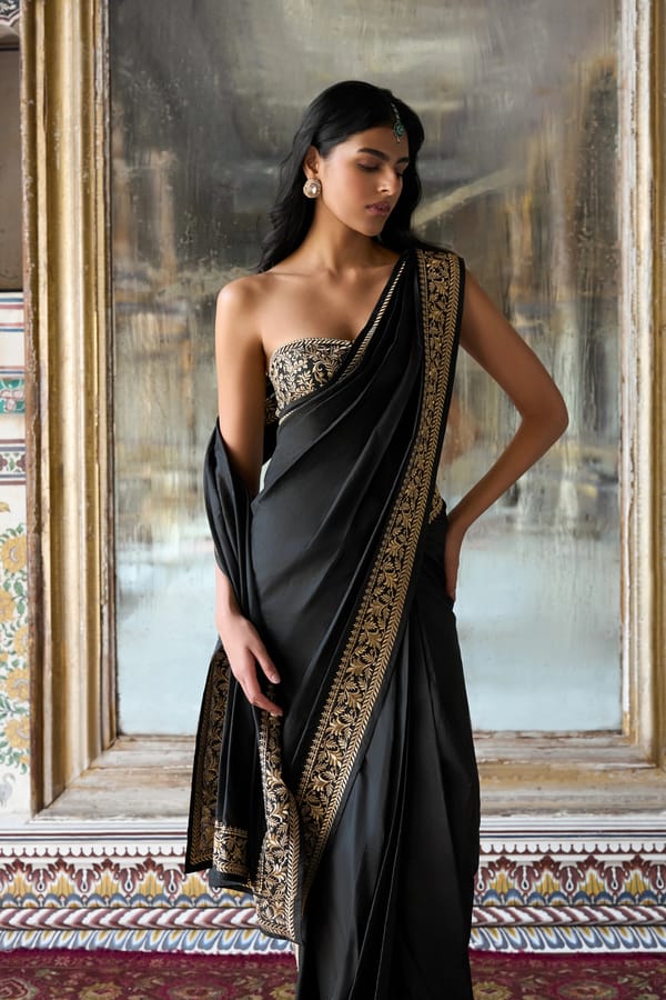 Metallic Thread Embroidered Bralette & Sari Drape Skirt Set — Dash and Dot
