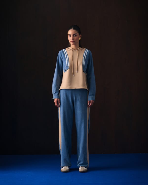 Beige Hoodie and Denim Wide-Leg Pants Co-ord Set — Aruni