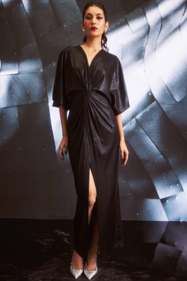 Black Lamé Draped Maxi Gown with V-Neck and Front Slit — Dash and Dot