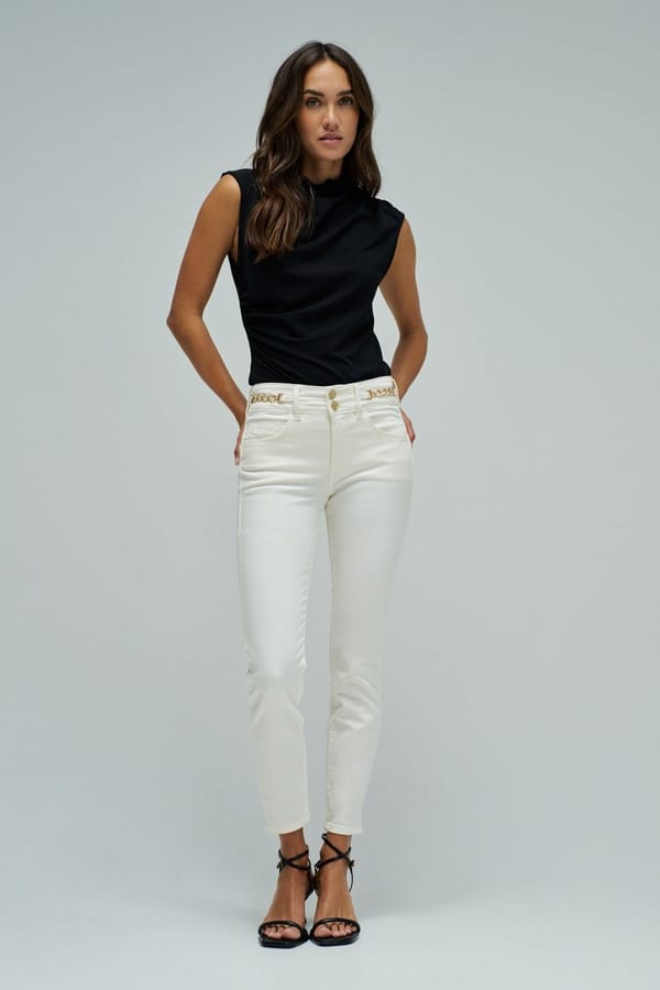 Light Beige Cropped Skinny Jeans with Waist Chain Detail — SALSA JEANS