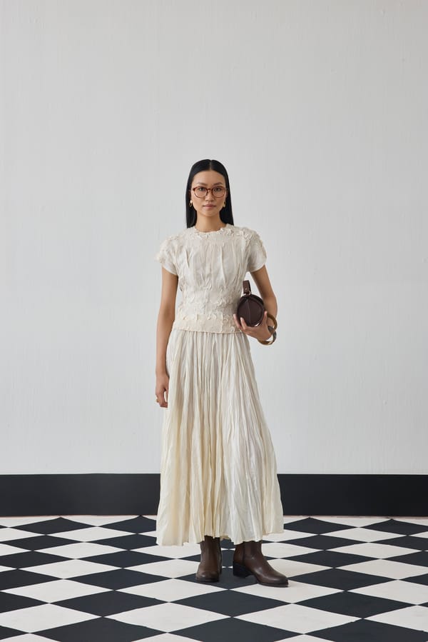 Ivory Appliqué Top and Maxi Skirt Co-ord Set — Pleats by Aruni