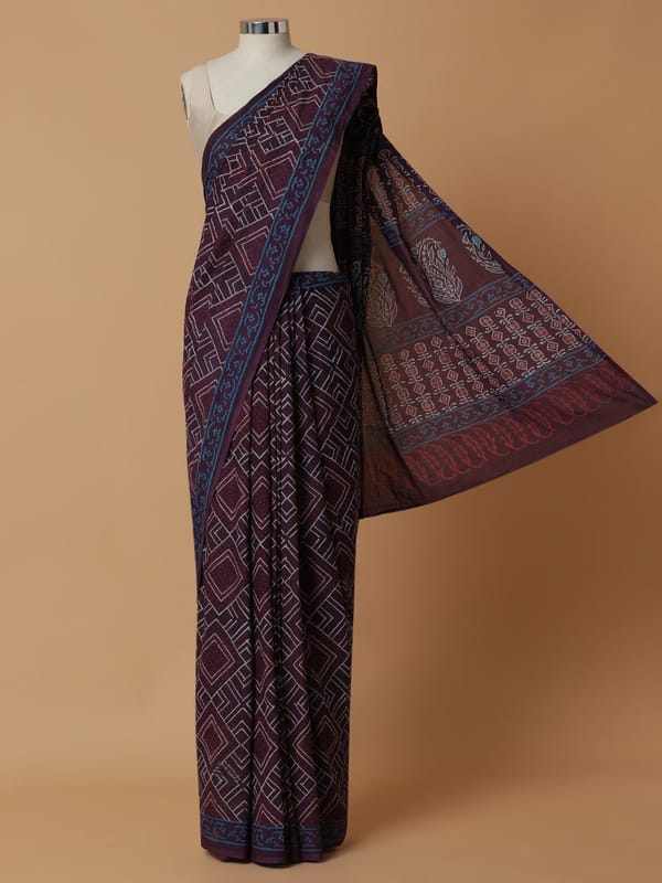 Hand Block Geometric Printed Violet Cotton Mulmul — BINKS
