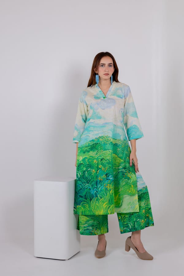 Multicolor Landscape Print Cambric Cotton Kurta Set — Maidaan