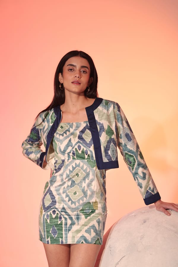Printed Velvet Mini Dress with Cropped Jacket Set — MANVI DAGA STUDIO