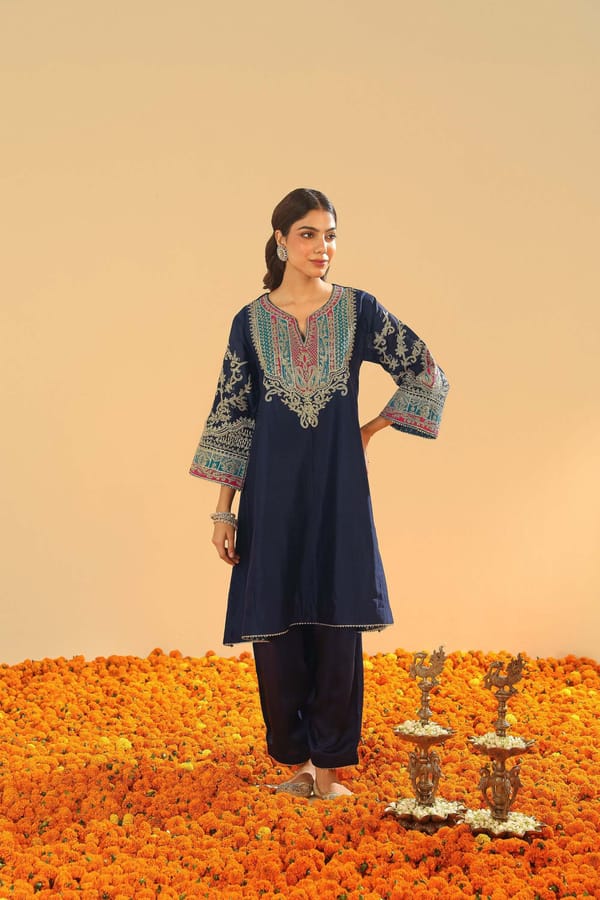 Dark Blue Embroidered Kalidaar Kurta Set with Salwar — Sheetal Batra