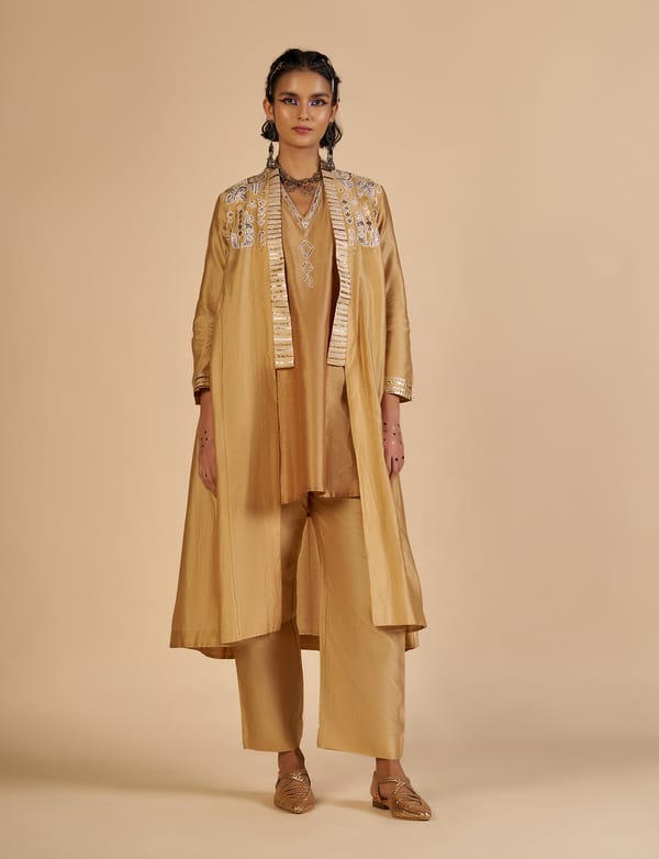 Beige Silk Chanderi Gota Embroidered Longline Coat — Gulabo by Abu Sandeep