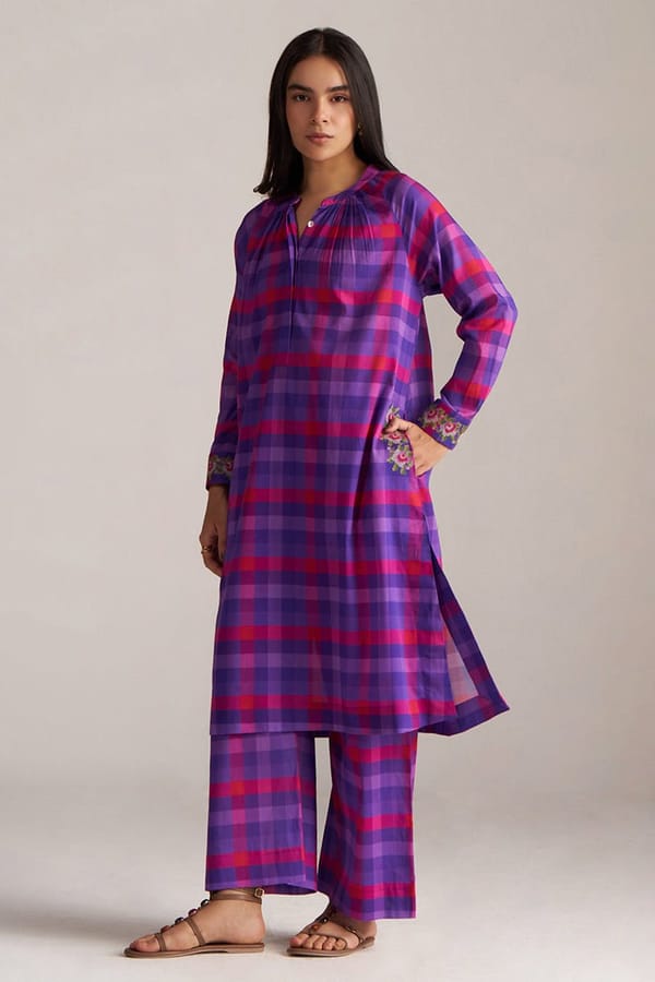 Purple Checked Kurta and Wide-Leg Pants Co-ord Set — Ganga Fashions Pvt Ltd