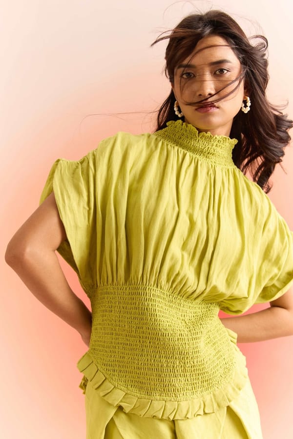 Green Smocked High Neck Crop Top with Pleated Sleeves — WESTERNERA