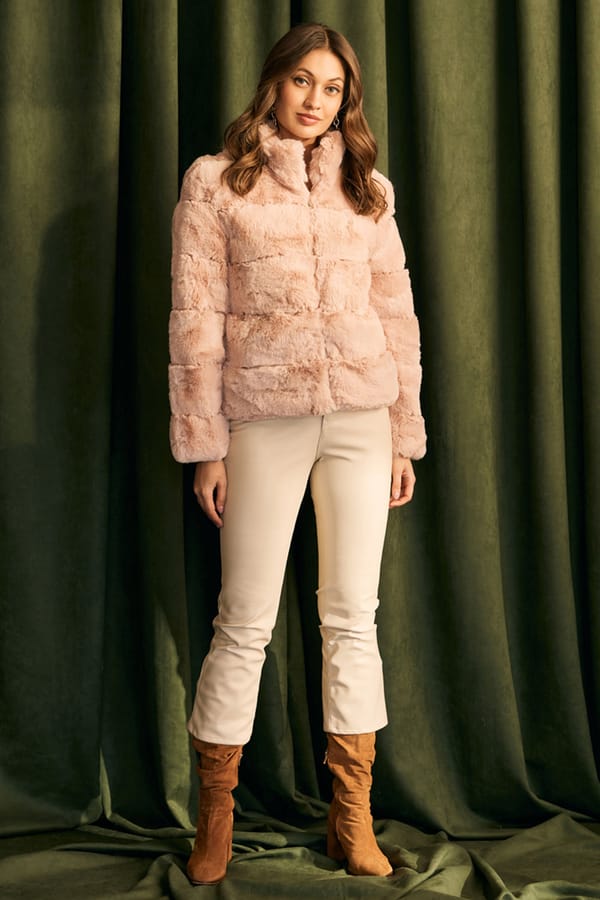 Pink Fur-Textured Cropped Jacket with High Neck — BOHO-CHIC