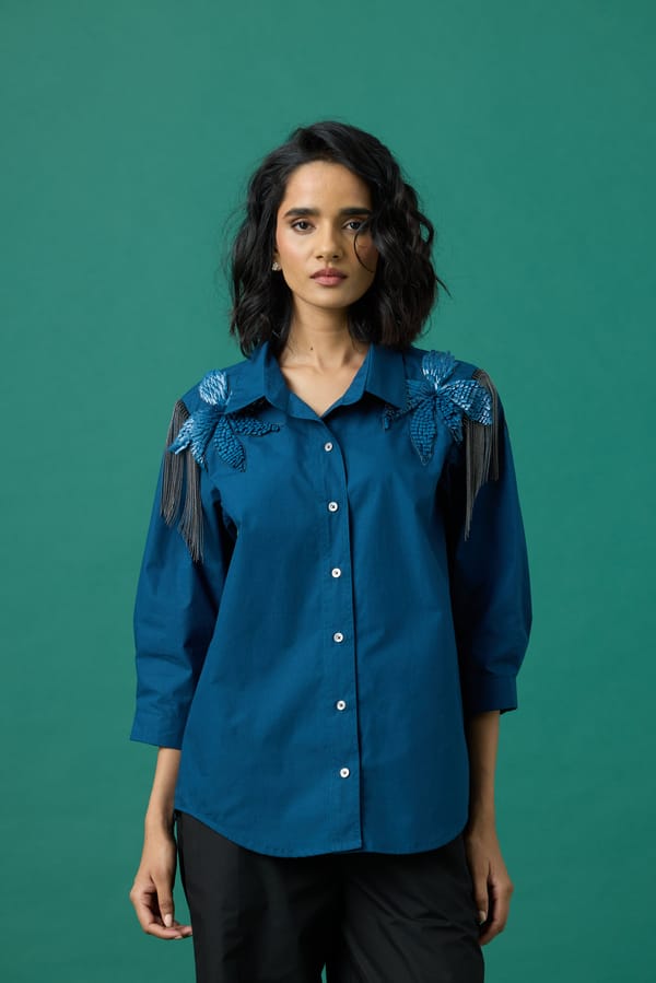 Granite Gray Appliqué Shoulder Shirt with Chain Fringe — 63East