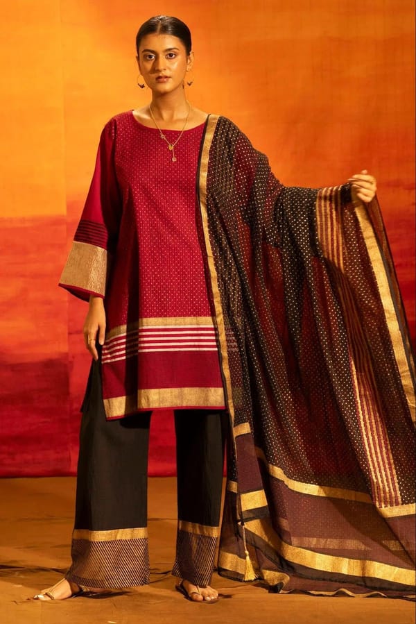 Illume Luma Maroon Kurti Set with Dupatta (Set of 3) — Banana Labs