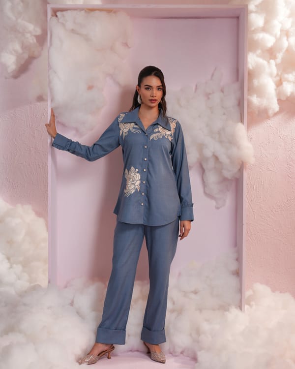 Denim Blue Embroidered Shirt and Wide-Leg Co-ord Set — Simar Tuli