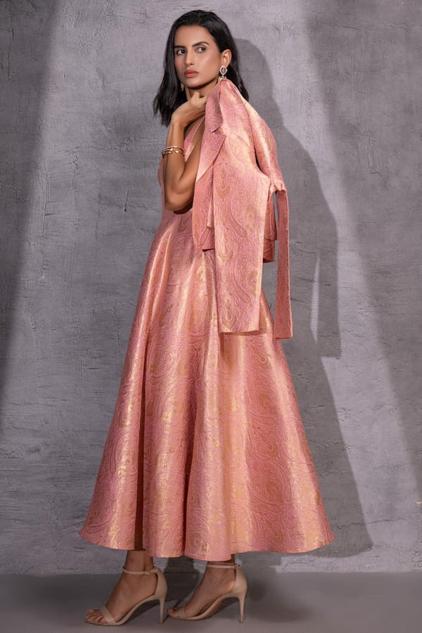 Pink Brocade Fit and Flare Midi Dress Set with Jacket — Design By Queen Bee