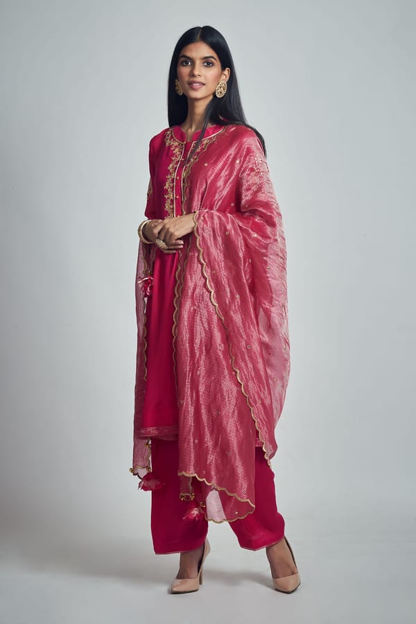 Hot Pink Embroidered Silk Kurta Set with Salwar and Dupatta — Sheetal Batra