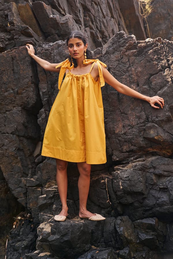 Sunflower Yellow Cotton Smock Mini Dress with Shoulder Ties — Dash and Dot