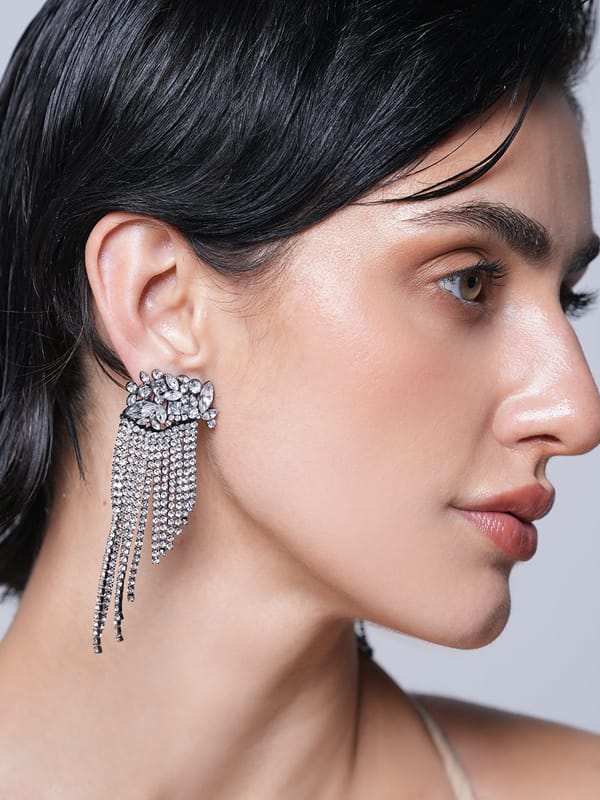 Silver Rhinestone Tassel Earrings — Cao Jewellery