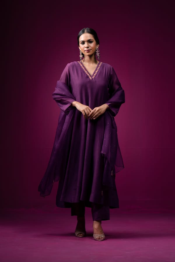 Deep Plum Hand-Embroidered Silk Chanderi Kurta Set — Trendy Tokari