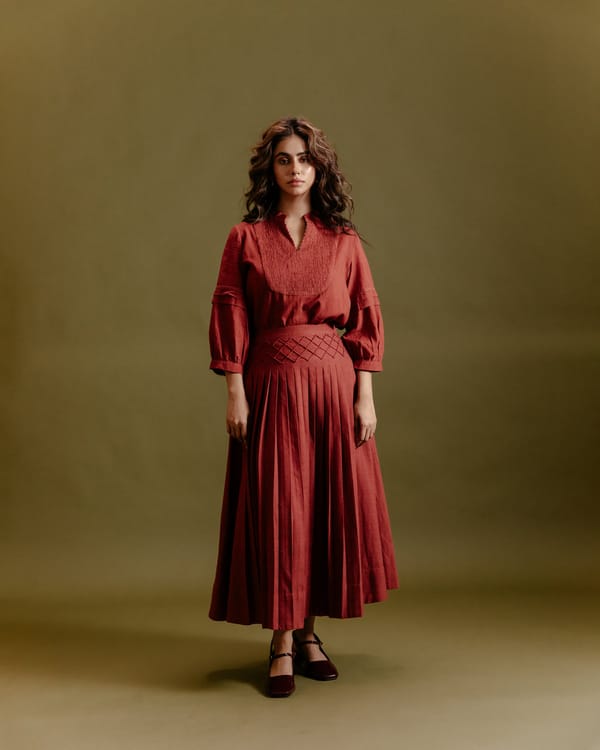 Rust Handloom Khadi Pleated Midi Skirt — SUBBAH