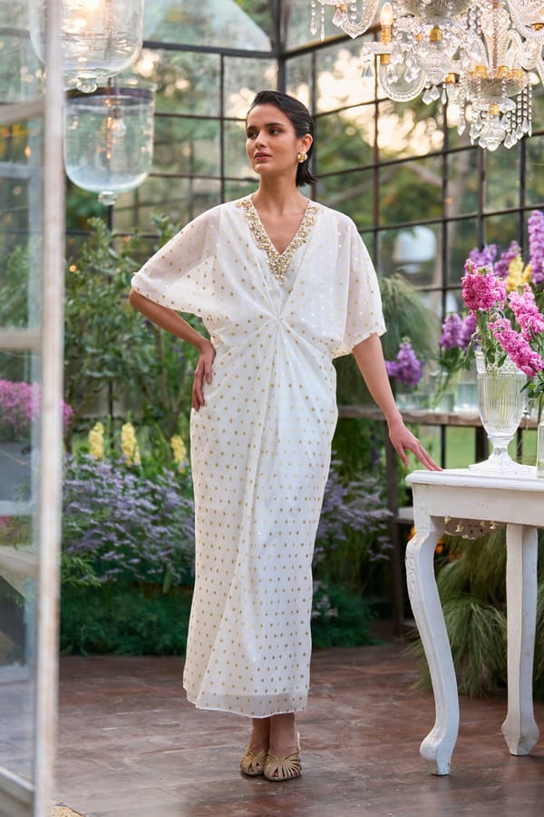 Ivory/Gold Benares Weave Embellished Kaftan Maxi Dress — Dash and Dot
