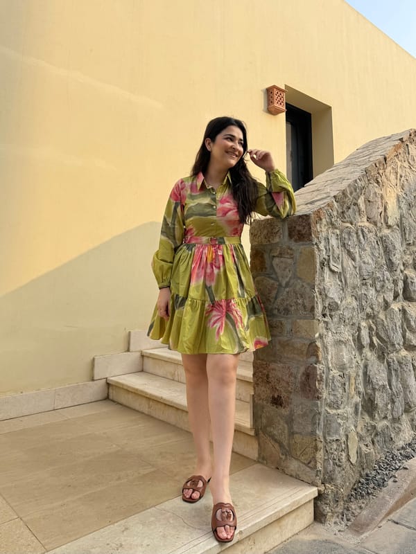 Olive/Pink Floral Mini Shirt Dress with Self Belt — GAIMA LABEL