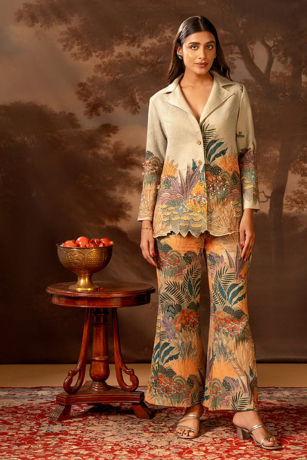 Beige Printed Blazer and Wide-Leg Pants Co-ord Set — SOUP by Sougat Paul