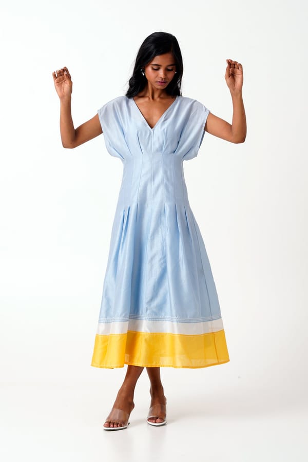 Ice Blue Panelled Fit and Flare Midi Dress with Slip — Madder Much