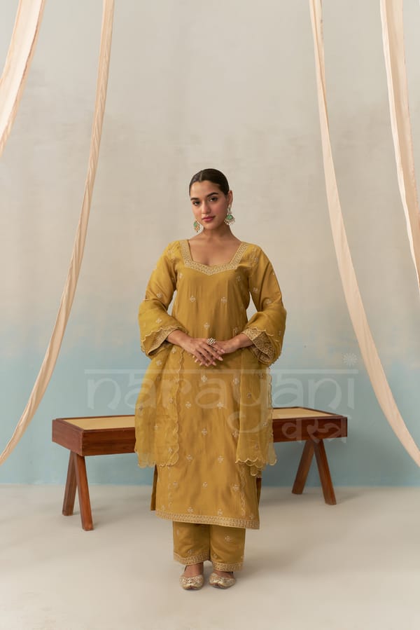 LIYA - Mustard Gold Chanderi Suit Set — NARAYANI VASTRA