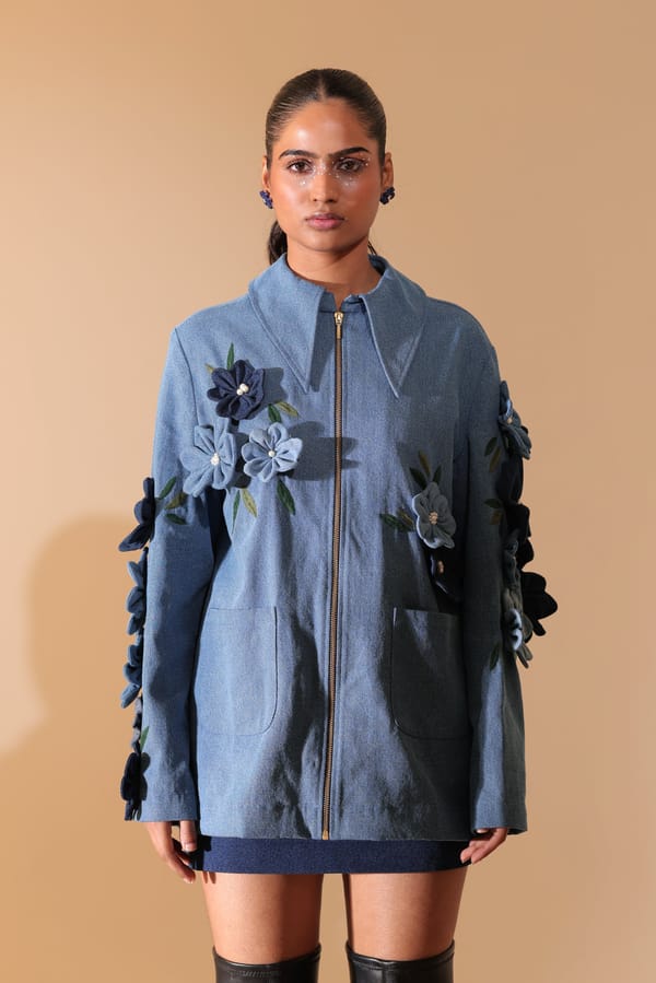 Blue Denim 3D Floral Applique Longline Jacket — MANVI DAGA STUDIO