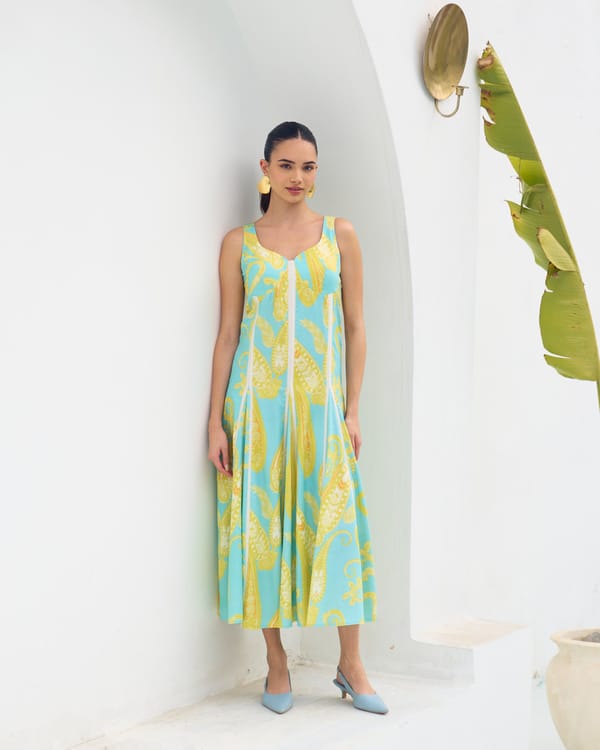 Blue Paisley Square-Neck A-Line Midi Dress — House of Soi