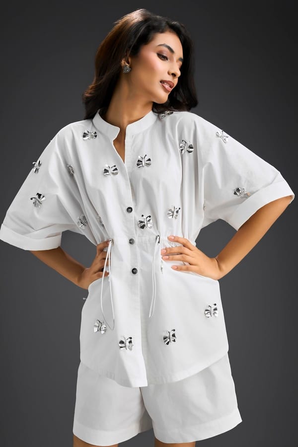 White Butterfly Embellished Drawstring Shirt & Shorts Set — Deepika Arora