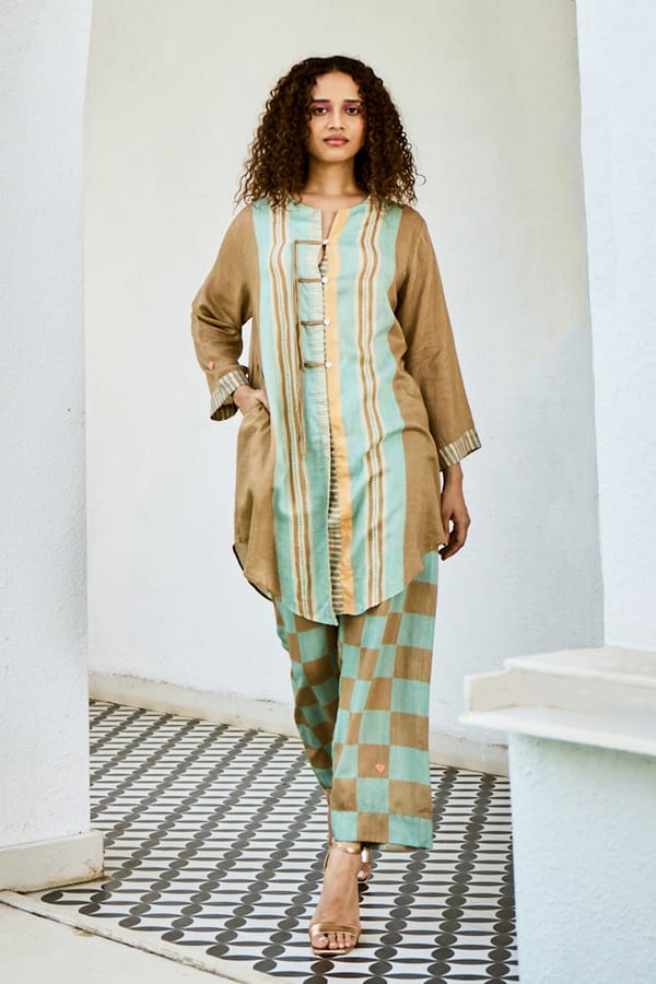 Brown Linen Striped Tunic and Checked Pants Co-ord Set — Basil Leaf